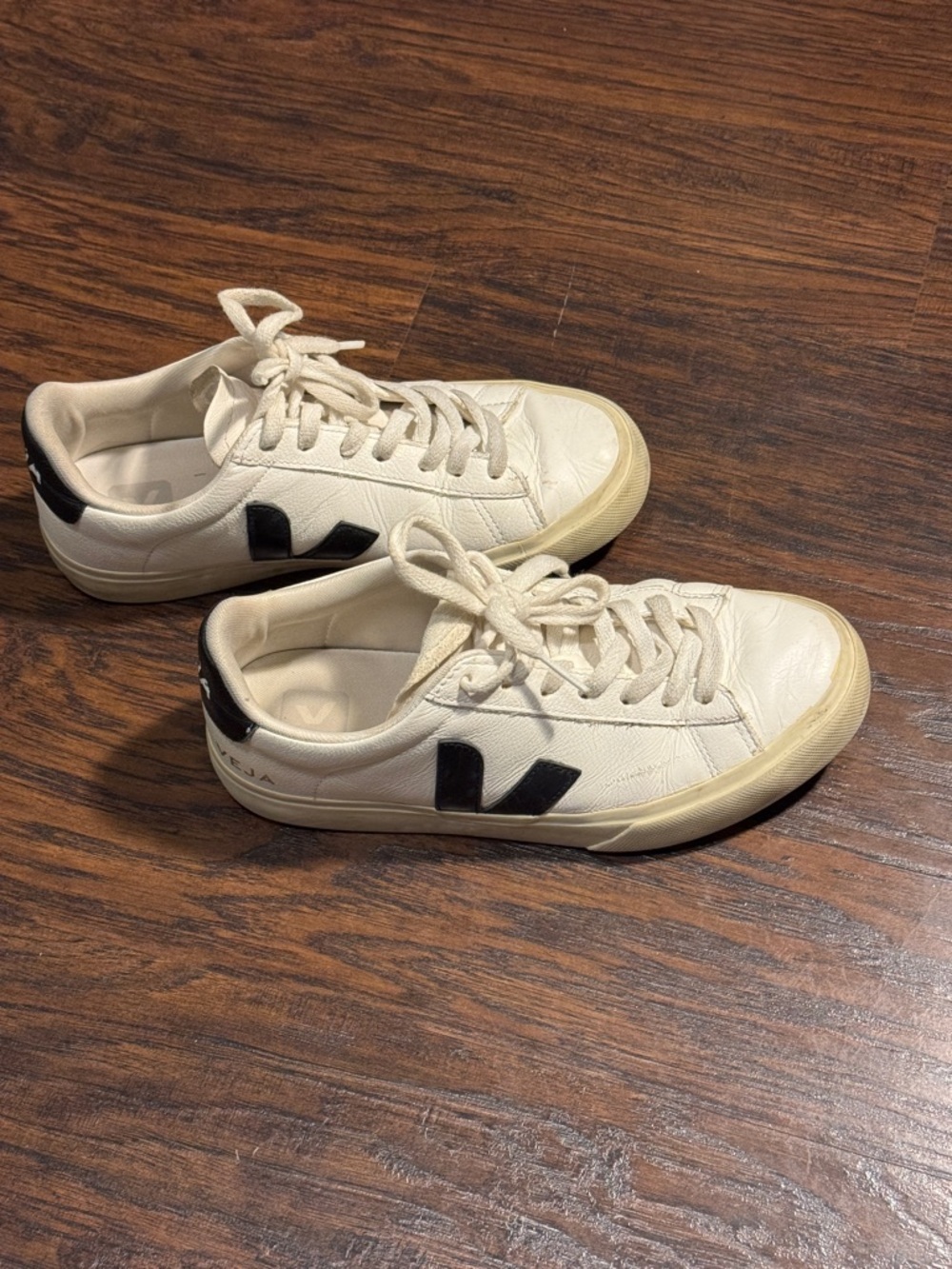 Veja Cream Leather Sneakers with Black V Accents - Picture 4 of 10